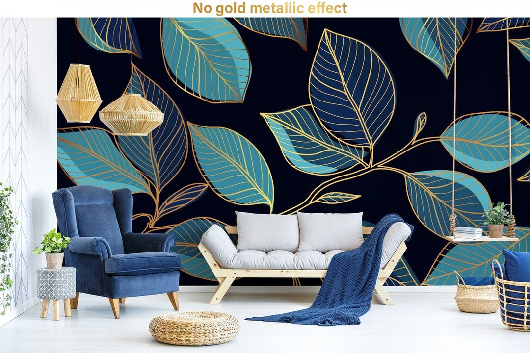 Luxury Gold Abstract Wallpaper With Blue and Tidal Green Leaves, Wall ...