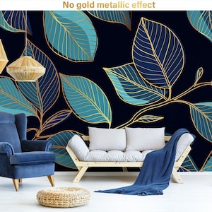 Luxury Gold Abstract Wallpaper With Blue and Tidal Green Leaves, Wall ...