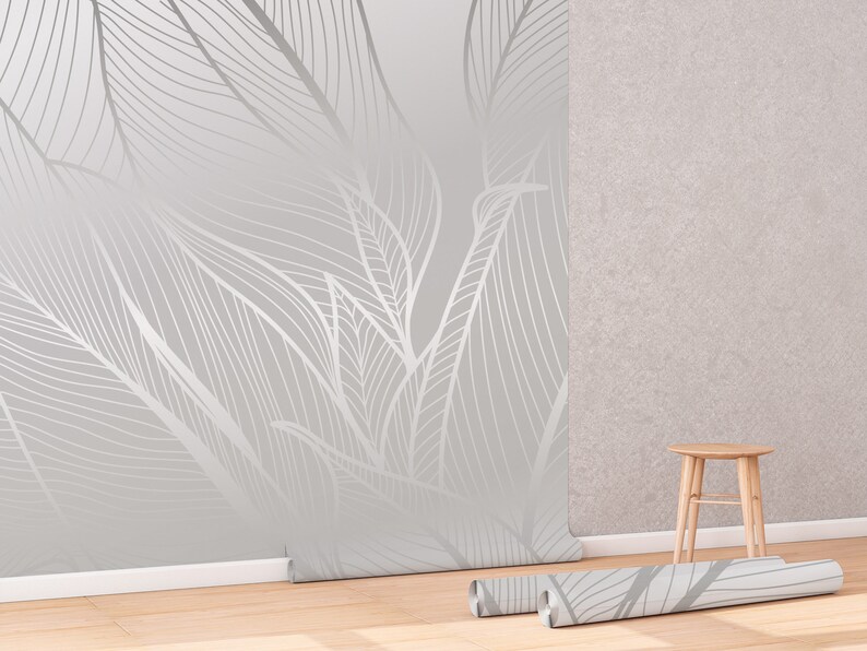 Botanical Wallpaper With Silver Leaves Modern Art Wall Etsy