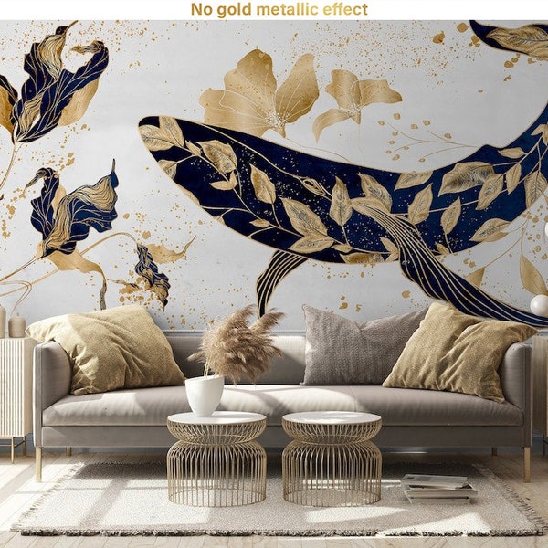 Luxury wallpaper with whale, gold and blue floral pattern, Self Adhesive (Peel and Stick), Non Self Adhesive (Vinyl), Wall Decor, Wall Art