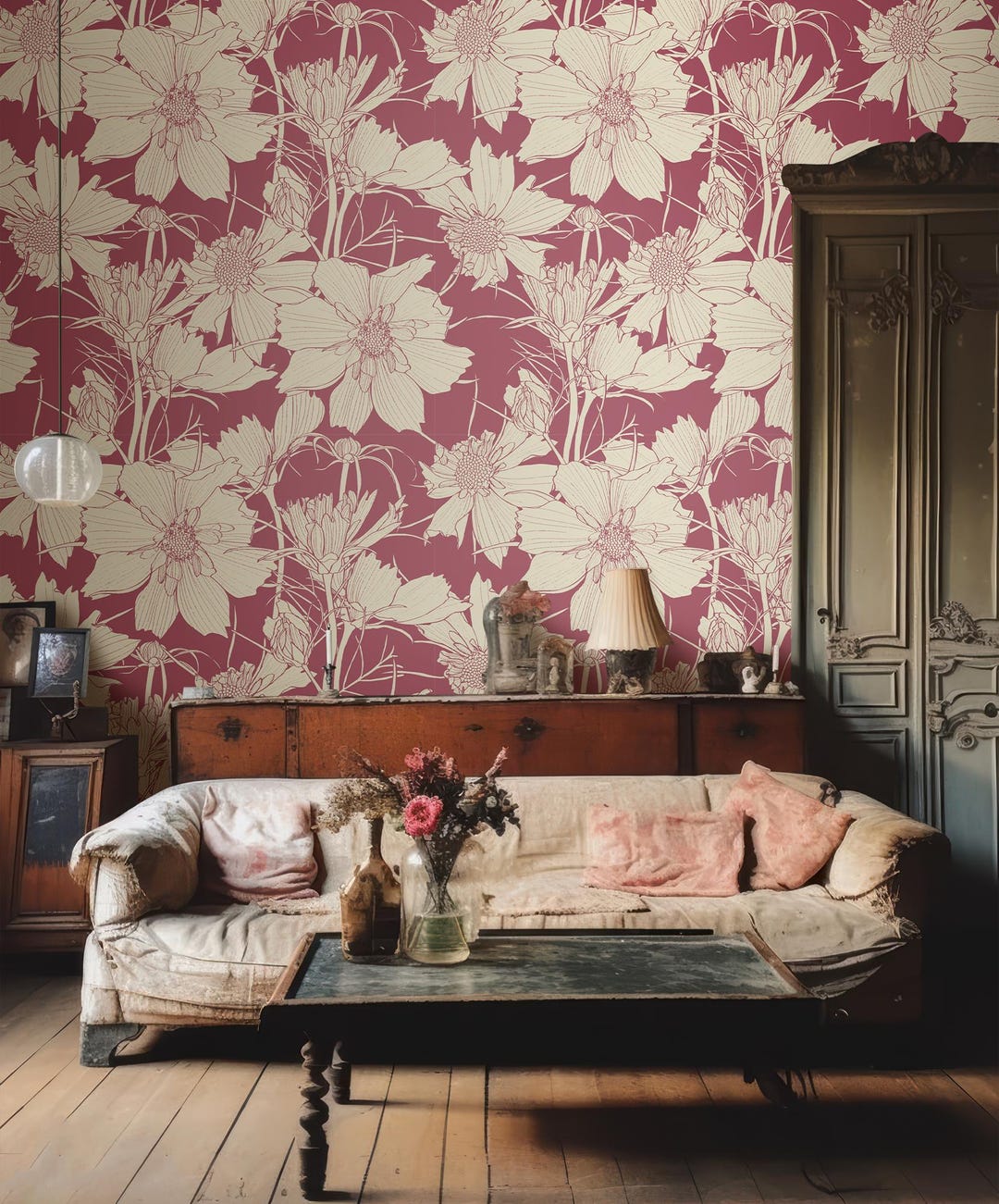 Tropical Dusky Pink Wallpaper, Floral Wall Mural, Wall Covering, Home — free download