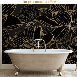 Golden lotus wallpaper, luxury, Wall Mural, Peel and Stick, Self Adhesive, Removable, Wall Decor