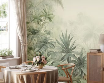 Light tropical jungle wallpaper, exotic plants, botanical wall mural, home decor, Peel and Stick (self adhesive) or Traditional Vinyl Paper
