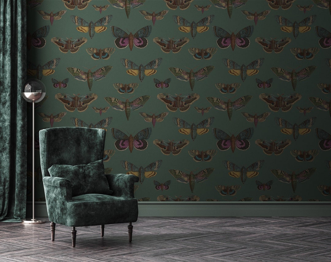 Green Abstract Butterfly Wallpaper, Moth Wall Mural, Animal Home Decor ...