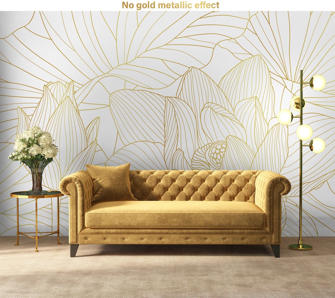 Gold Floral Wallpaper With White Background Lotus Flower - Etsy