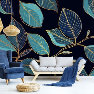 Luxury Gold Abstract Wallpaper With Blue and Tidal Green - Etsy