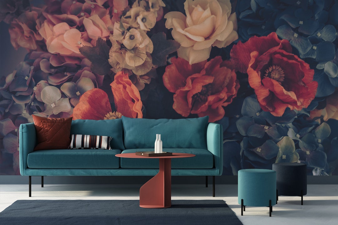 Beautiful Floral Wallpaper, Beige and Orange Flowers, Vintage Wall