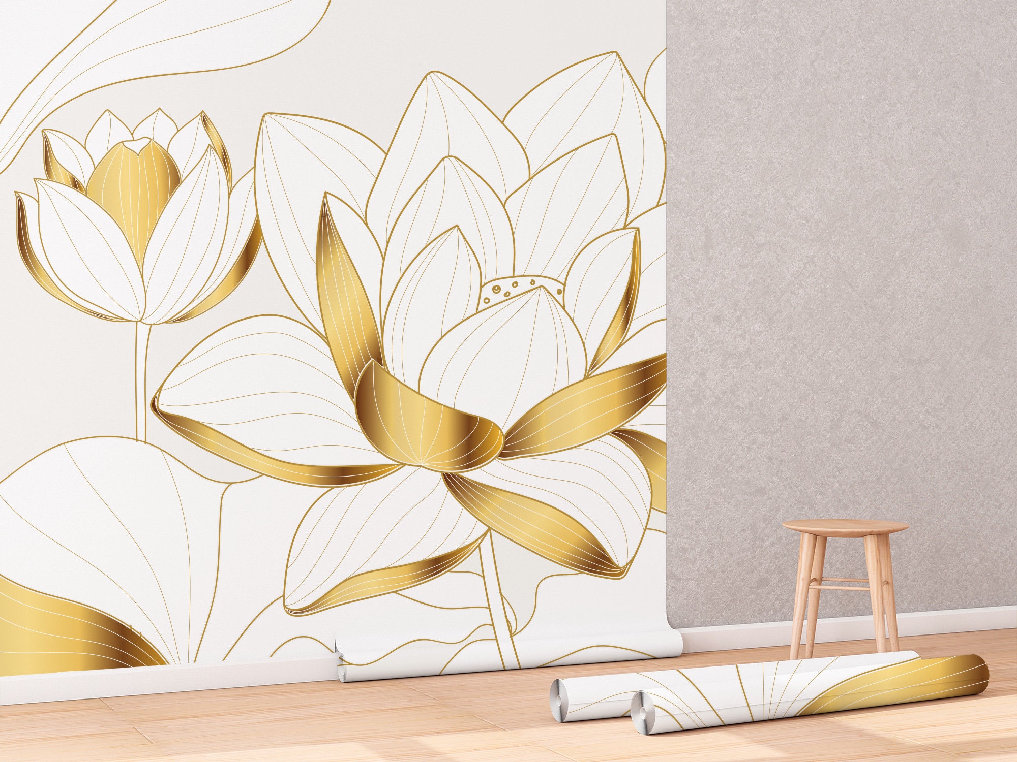 Luxury Golden Lotus Flower Wallpaper , Wall Mural, Peel and Stick, Self ...
