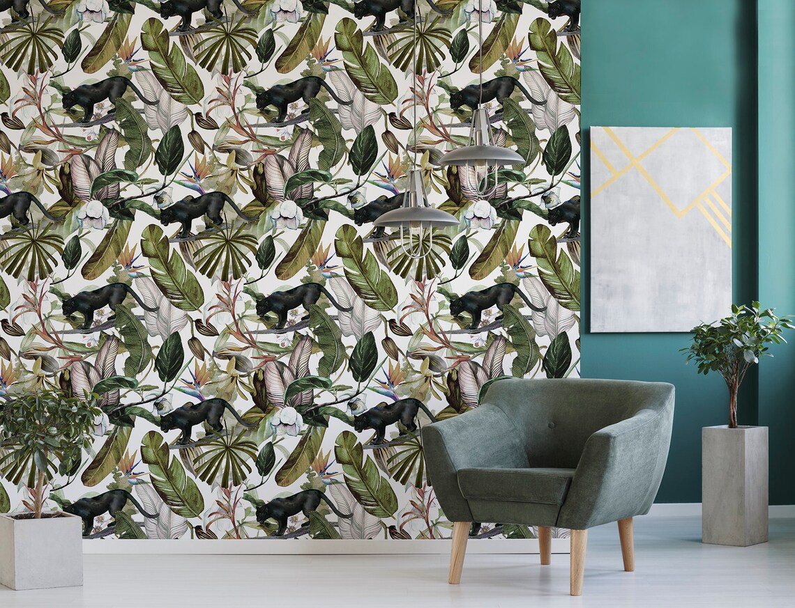 Vintage Exotic Tropical Wallpaper With Jungle Leaves and - Etsy