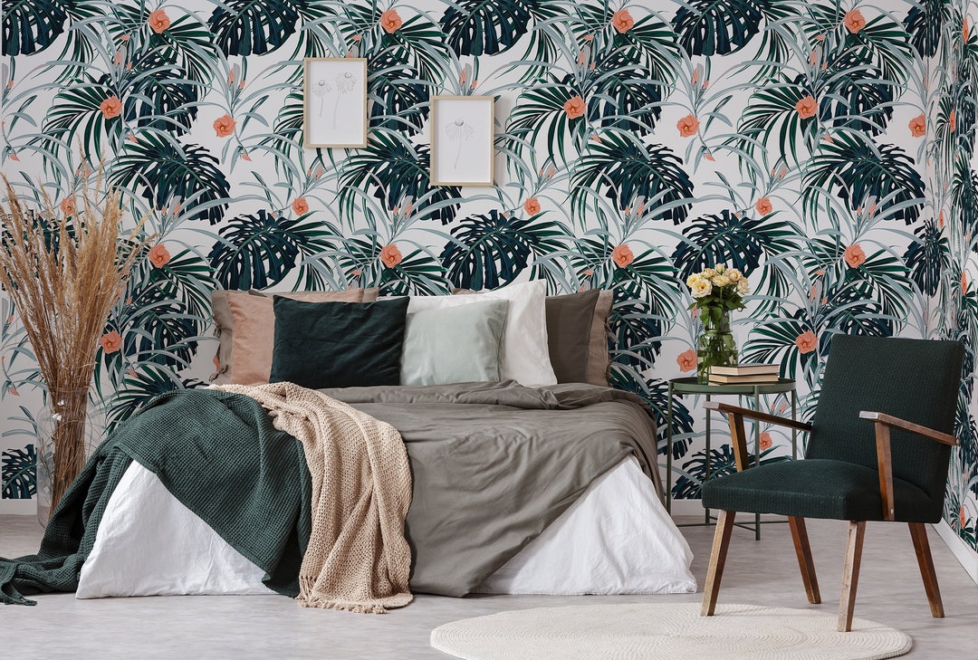 White Tropical Wallpaper With Dark Green Monstera Leaves and Orange