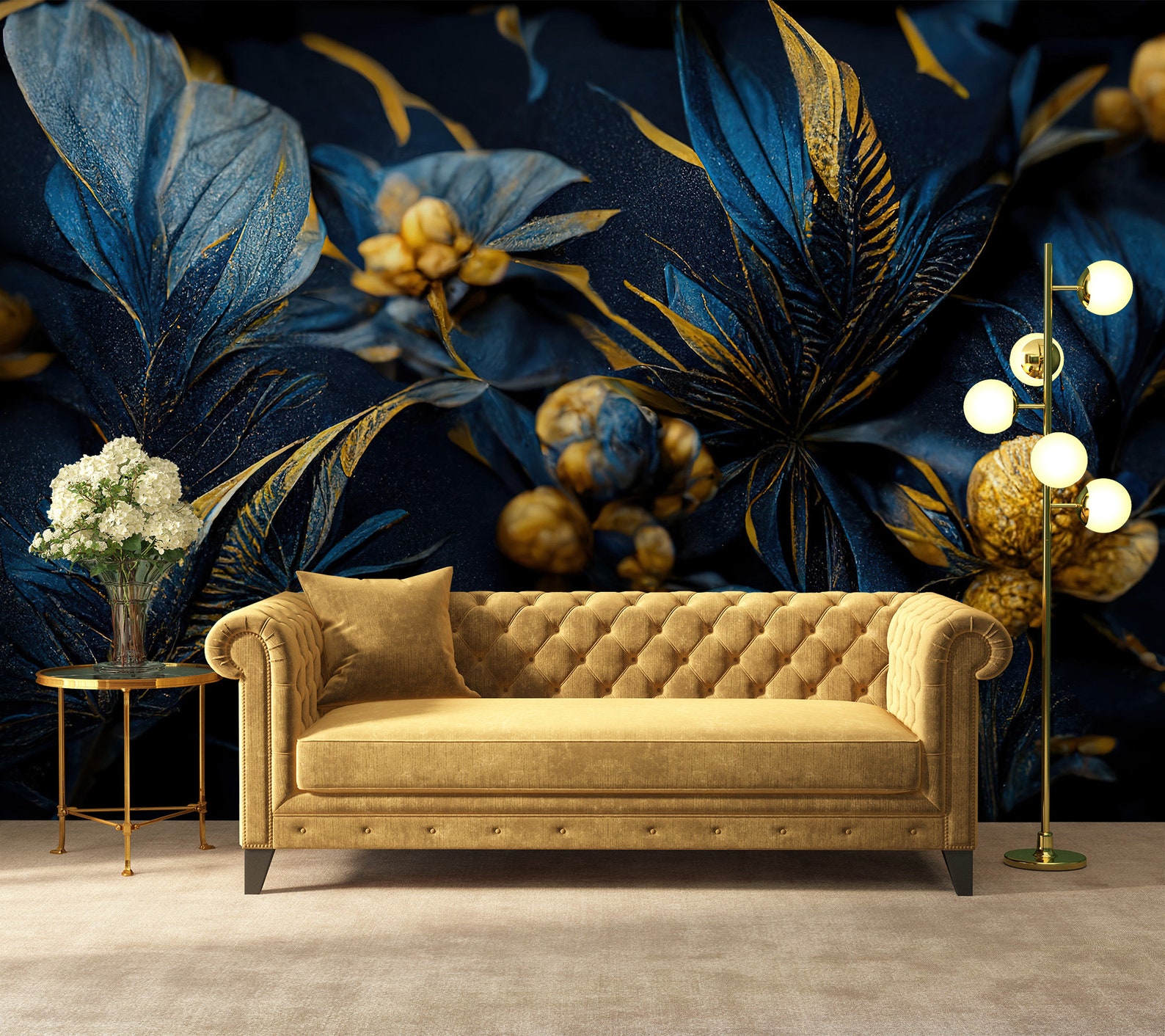 Wallpaper With Blue Leaves and Gold Flowers Wall Mural Self Etsy