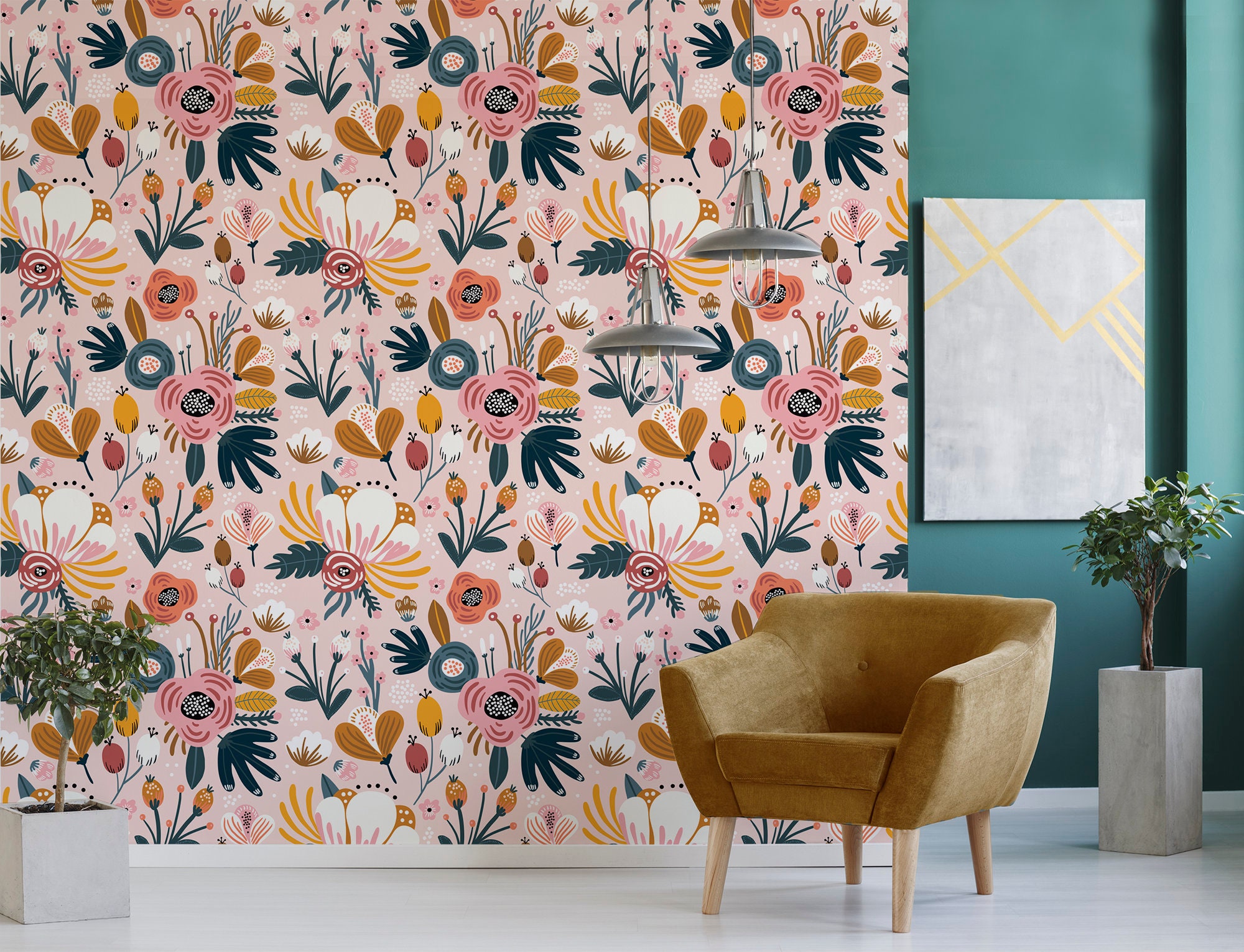 Light Pink and Orange Vector Floral Wallpaper Vector Flowers Etsy