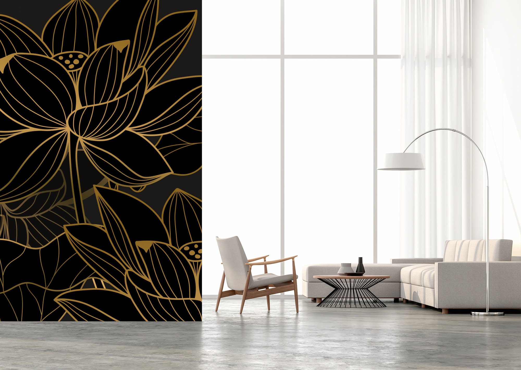 Golden Lotus Wallpaper Luxury Wall Mural Peel and Stick - Etsy