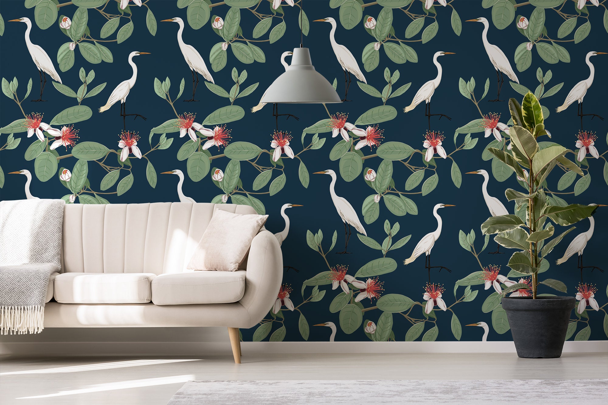 Dark Navy Blue Wallpaper With Green Leaves and White Herons Etsy — free download