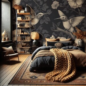 Bird floral wallpaper, floral wall mural, dark background wall art, home decor, peel and stick (self adhesive) or traditional vinyl paper
