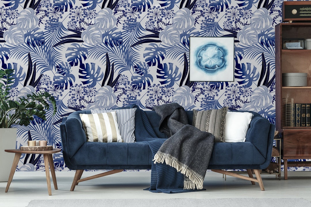 White Wallpaper With Blue Watercolor Exotic Leaves Monstera Etsy