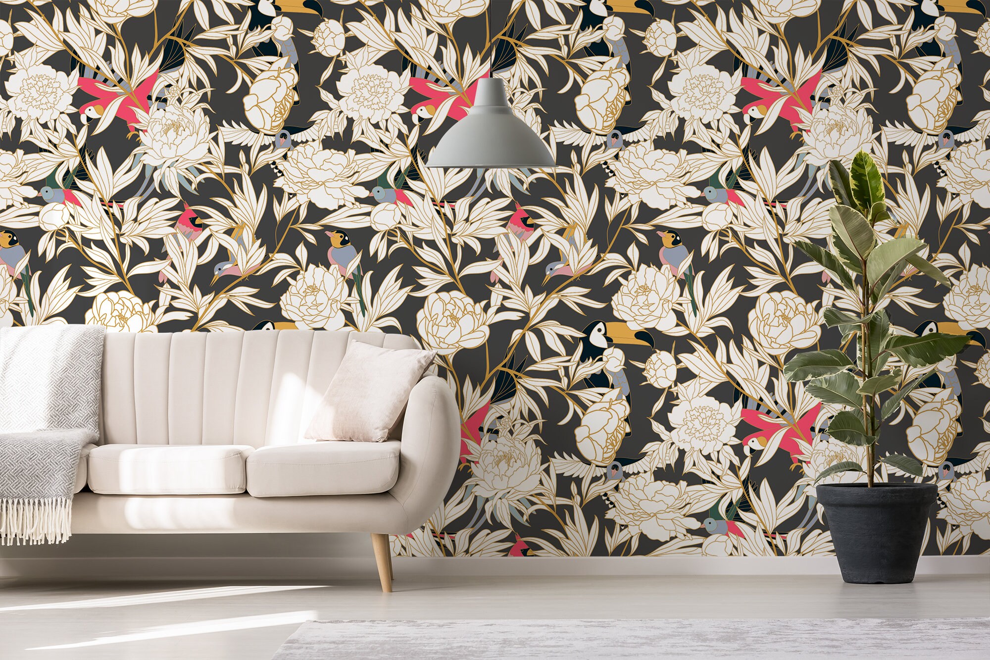 Floral Wallpaper With Linear Flowers and Birds on Dark - Etsy