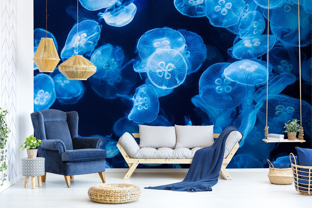 Blue Animal Wallpaper Jellyfish Pattern Self Adhesive peel Etsy