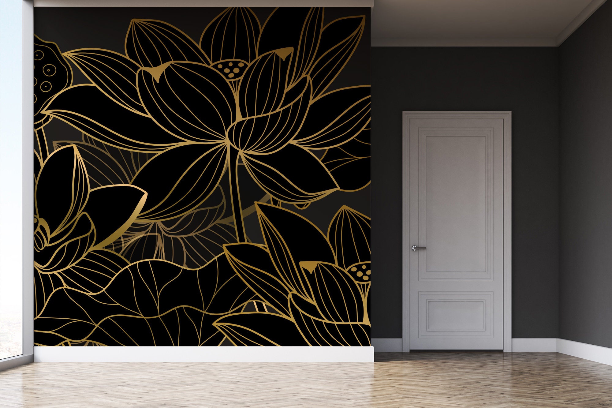Golden Lotus Wallpaper Luxury Wall Mural Peel and Stick - Etsy