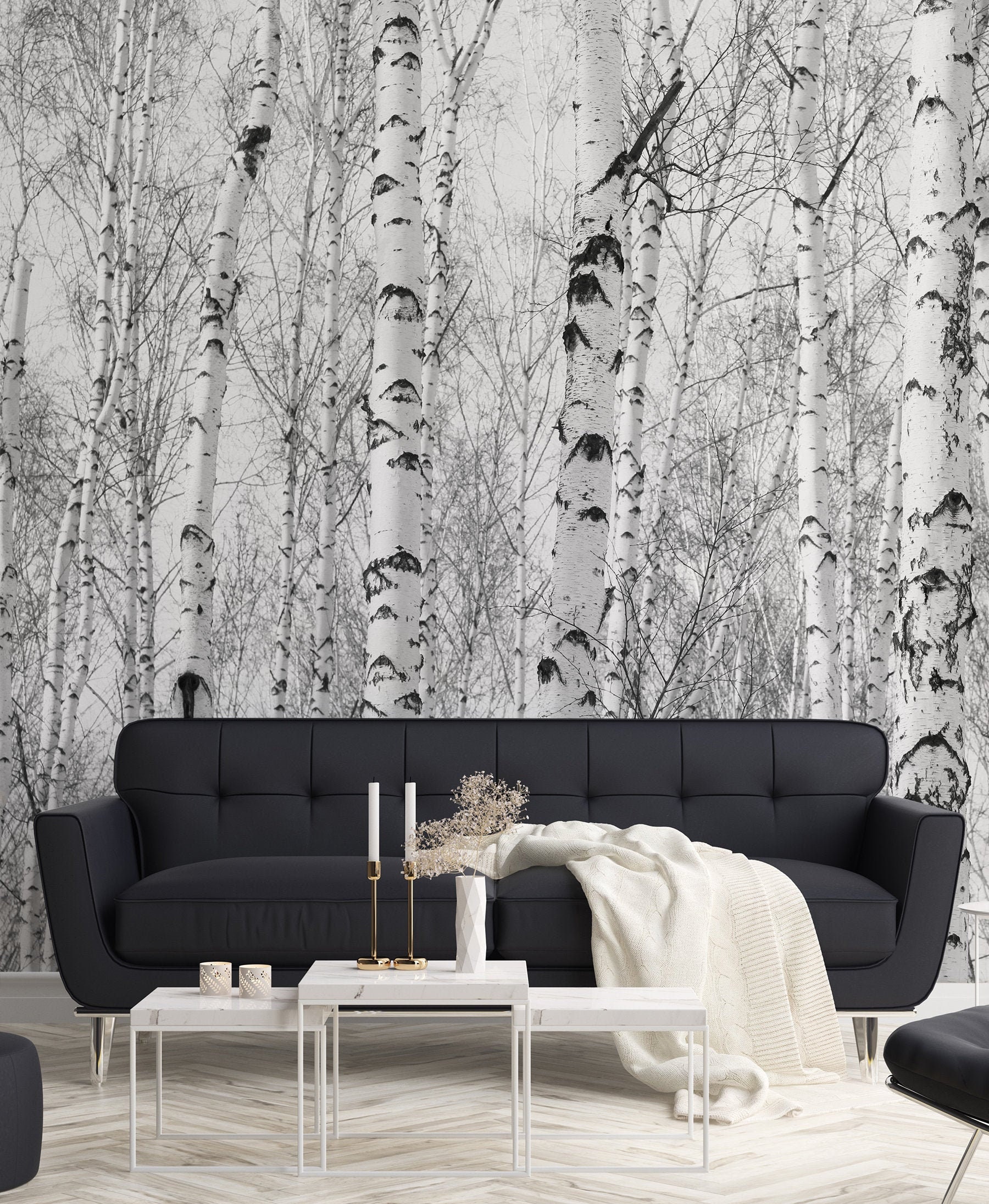Black and White Wallpaper With Birch-trees Forest Wall Mural - Etsy