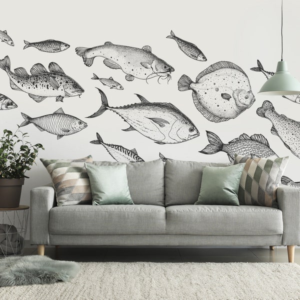 Black and white sketch wallpaper with fish, Self Adhesive (Peel and Stick), Non Self Adhesive (Vinyl), Wall Decor, Wall Art