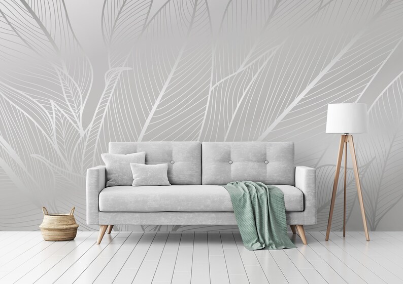 Botanical Wallpaper With Silver Leaves Modern Art Wall Etsy