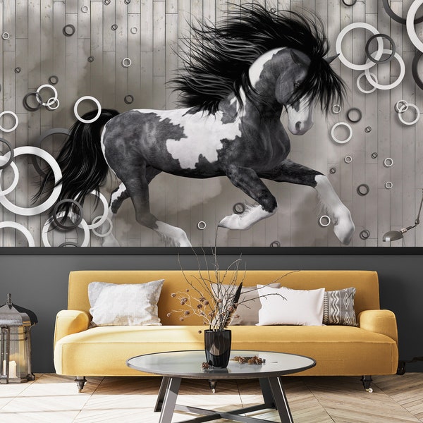 Black and white horse wallpaper, Wall Mural, Peel and Stick, Self Adhesive, Removable, Wall Decor