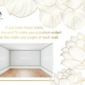 May include: A diagram showing how to measure the width and height of three walls in a room. The text reads "If you have many walls, write to me and I'll make you a custom order! Provide the width and height of each wall".