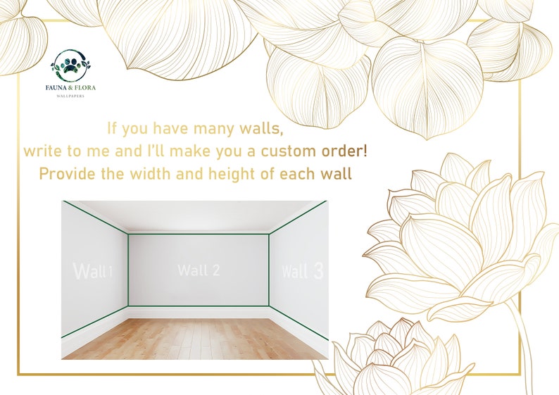 May include: A diagram showing how to measure the width and height of three walls in a room. The text reads "If you have many walls, write to me and I'll make you a custom order! Provide the width and height of each wall".