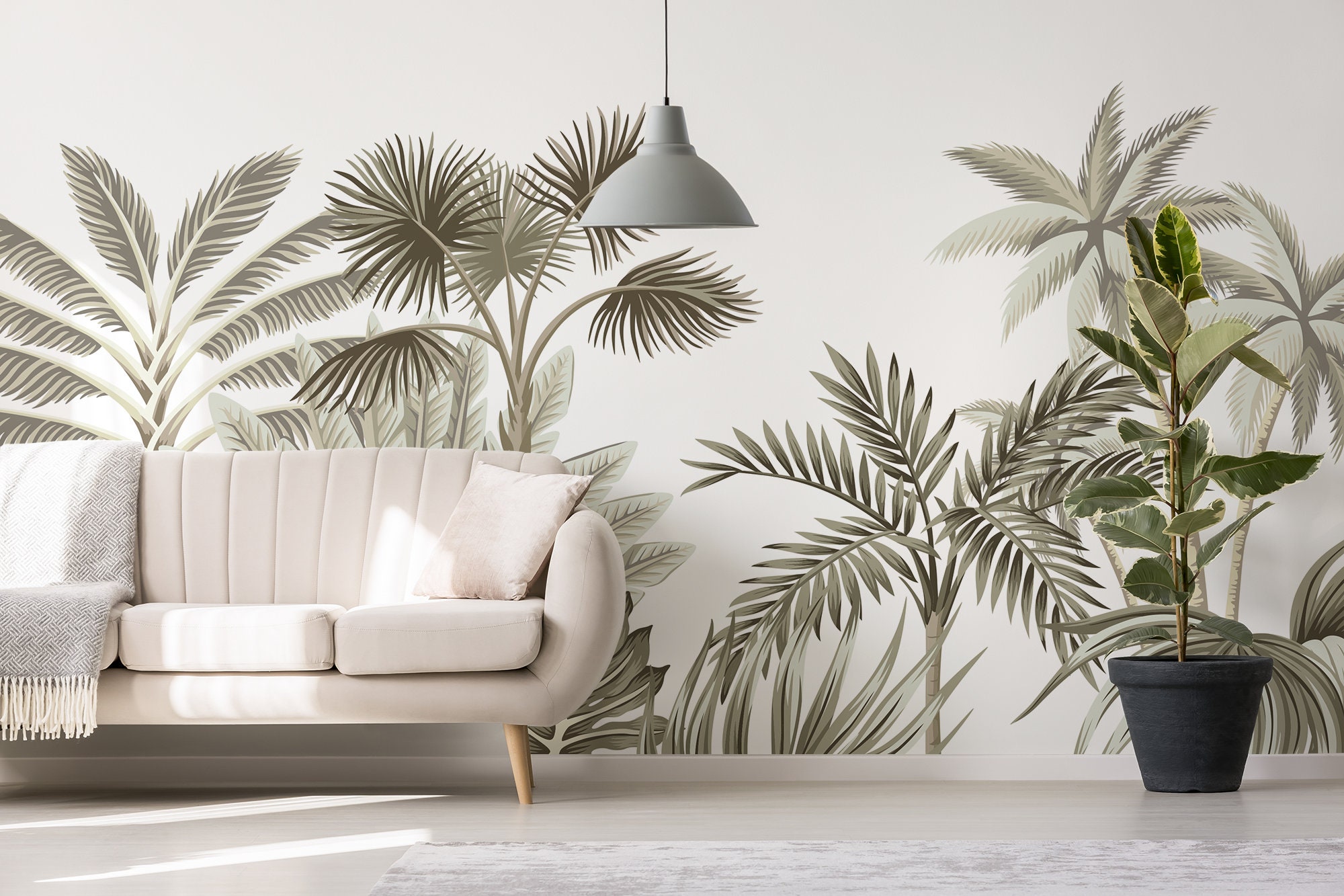 White Wallpaper With Palm Trees Exotic Leaves Tropical Wall | Etsy