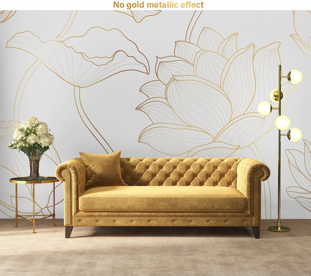 Gold Floral Wallpaper, Lotus Flower and Leaves, Wall Mural, Peel and ...