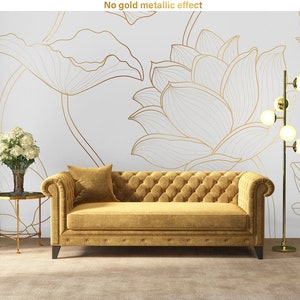 Gold floral wallpaper, lotus flower and leaves, Wall Mural, Peel and Stick, Self Adhesive, Removable, Wall Decor
