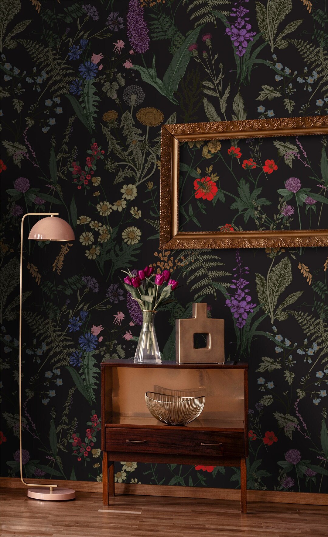 Dark Floral Wallpaper, Vintage Botanical Wall Mural, Colorful Home ...
