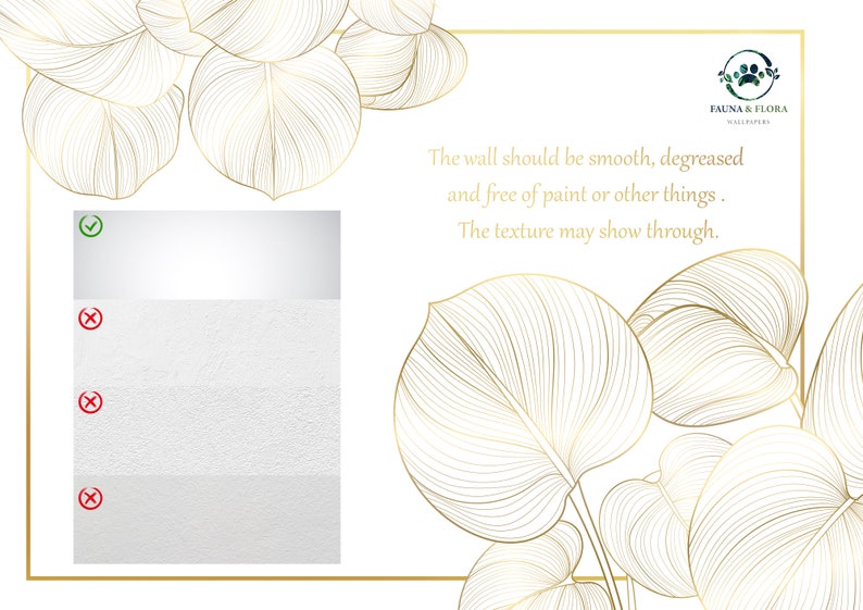 May include: A white wall with a smooth, even texture. The wall is marked with a green checkmark and three red X marks. The text below the wall reads: "The wall should be smooth, degreased and free of paint or other things. The texture may show through."