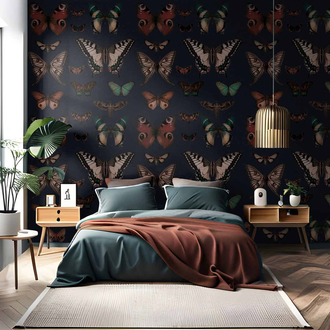 Dark Blue Butterfly Wallpaper, Animal Wall Mural, Vintage Wall Art ...