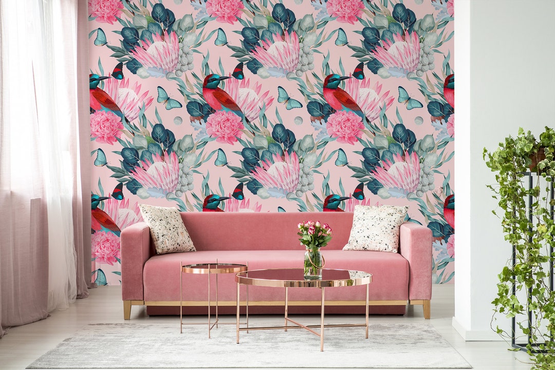 Pink Vector Wallpaper With Pink and Mint Flowers and Leaves Etsy