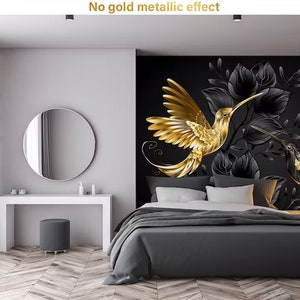 Black and gold bird wallpaper, hummingbird pattern, Wall Mural, Peel and Stick, Self Adhesive, Removable, Wall Decor