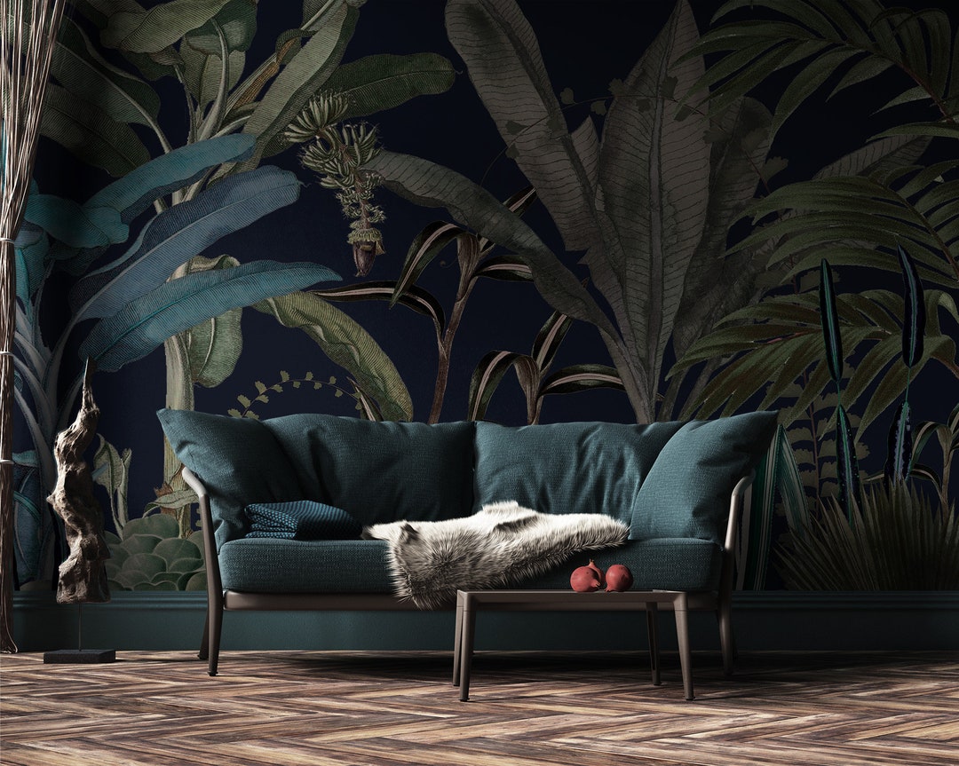 Dark Botanical Wallpaper, Leaf Wallpaper, Tropical Wall Art, Home Decor ...