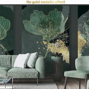 Luxury gold wallpaper, floral, blue and green, modern mural, Wall Mural, Peel and Stick, Self Adhesive, Removable, Wall Decor