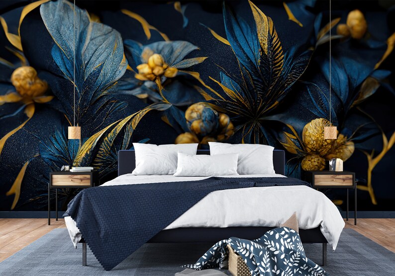 Wallpaper With Blue Leaves and Gold Flowers Wall Mural Self Etsy