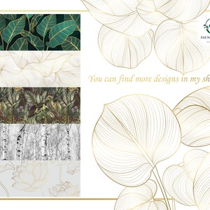 May include: Four different patterns of wallpaper featuring gold leaf and botanical designs. The patterns include green leaves, white lines, green and brown leaves, and white birch trees. The text "You can find more designs in my shop" is visible in the image.