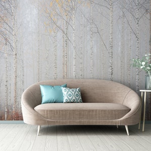 Wallpaper birch forest, pattern of fog and trees, autumn landscape, Wall Mural, Peel and Stick Wallpaper, Self Adhesive, Wall Decor