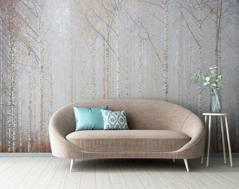Wallpaper birch forest, pattern of fog and trees, autumn landscape, Wall Mural, Peel and Stick Wallpaper, Self Adhesive, Wall Decor