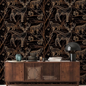 Dark Brown Wallpaper with Gold Linear Forest Animals and Trees, Deer, Wolf, Wall Mural, Peel and Stick Wallpaper, Self Adhesive, Wall Decor