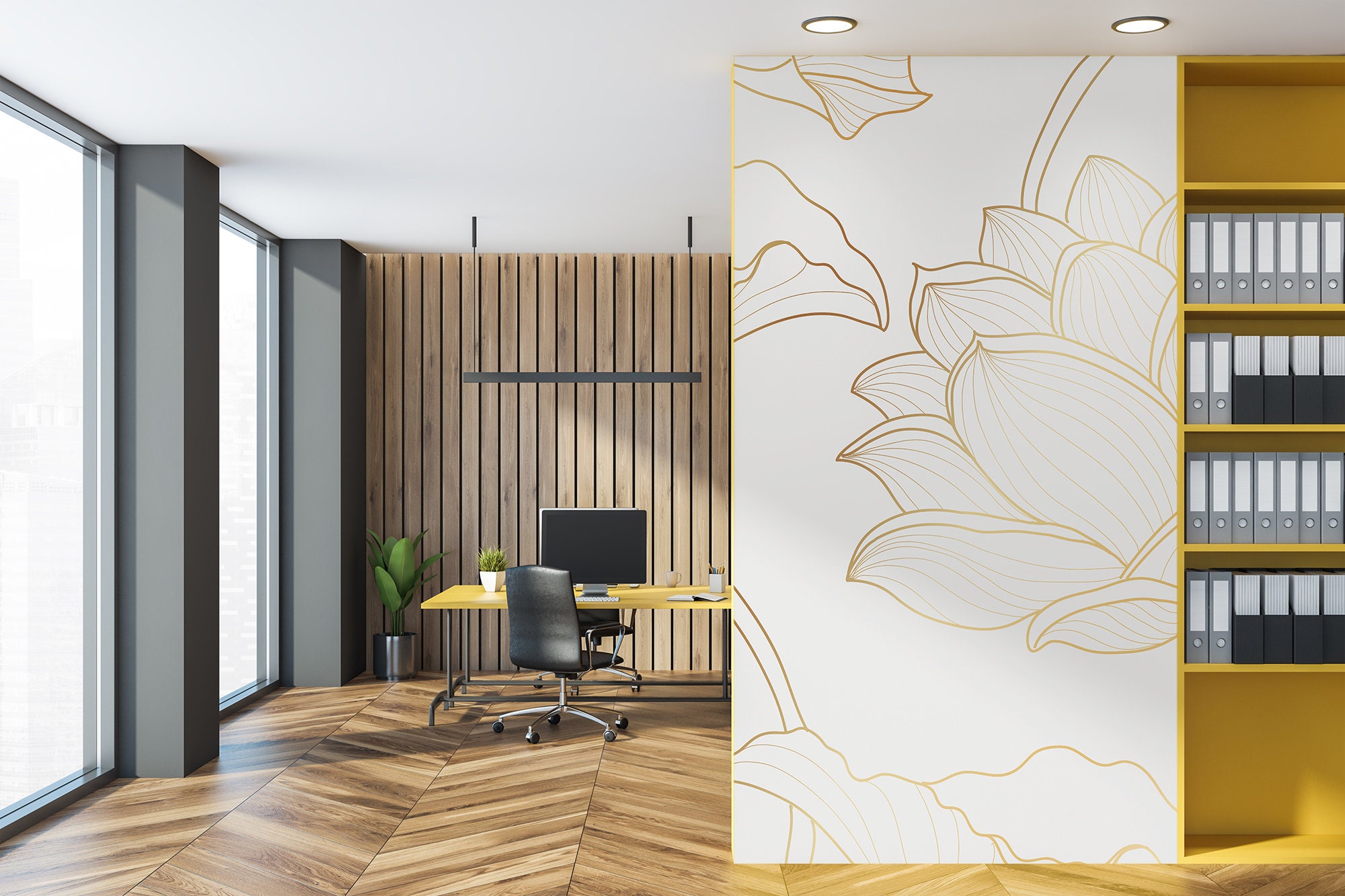 Gold Floral Wallpaper, Lotus Flower and Leaves, Wall Mural, Peel and ...