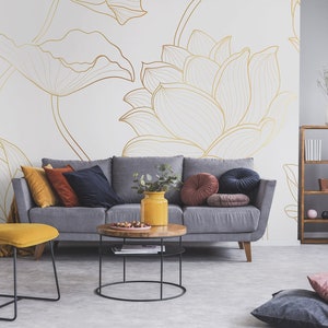 Gold Floral Wallpaper, Lotus Flower and Leaves, Wall Mural, Peel and ...