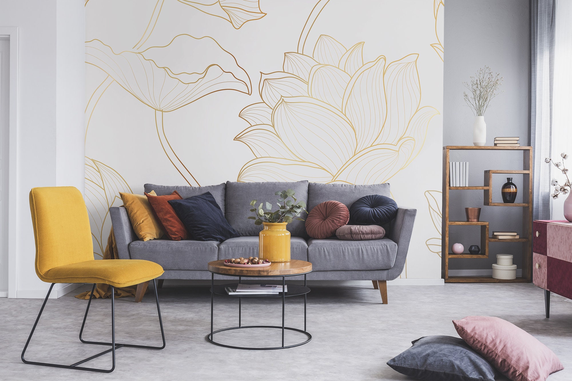 Gold Floral Wallpaper, Lotus Flower and Leaves, Wall Mural, Peel and ...