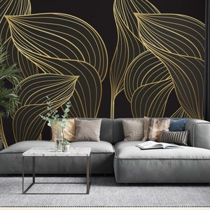 Tropical Wallpaper With Matte Golden Leaves, Wall Mural, Peel and Stick ...