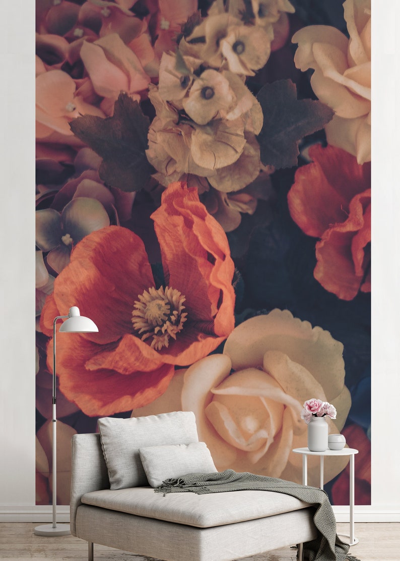 Beautiful Floral Wallpaper Beige and Orange Flowers Vintage Etsy