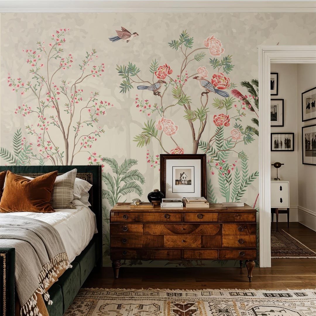 Birds & Flowers Chinoiserie Wallpaper, Botanical Wall Mural, Home Decor ...